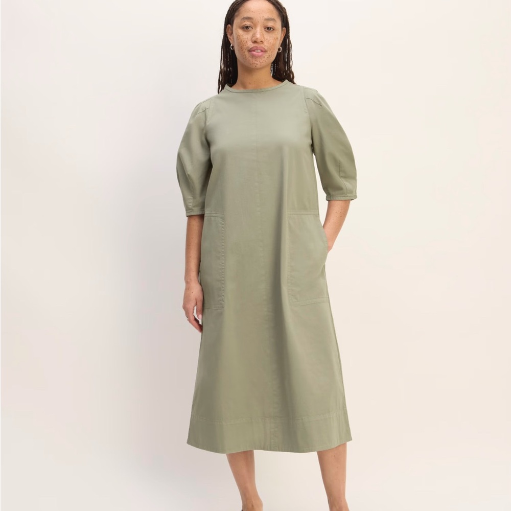 EVERLANE Green A-Line Midi Dress with Puff Sleeves small S